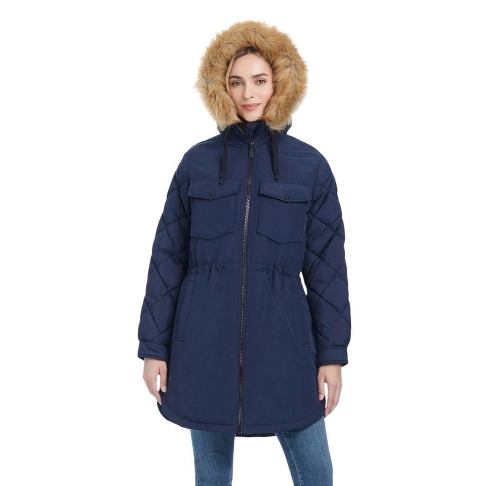 Sanctuary Modern Supply Faux Fur Trim Hooded Quilted Parka Navy Size L #1698